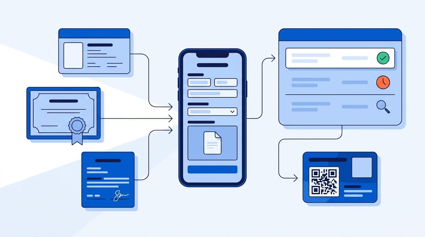 Ilustração do processo de admissão de associados: formulário no celular, documentos enviados, fila de análise com aprovação e carteira digital com QR Code