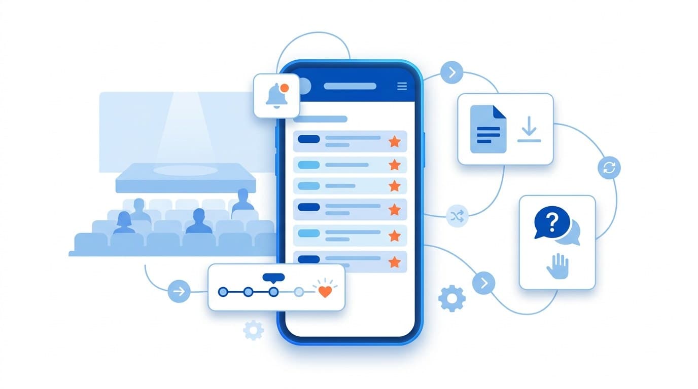 Ilustração de um aplicativo para eventos no celular, com programação, notificações, materiais e interação do público