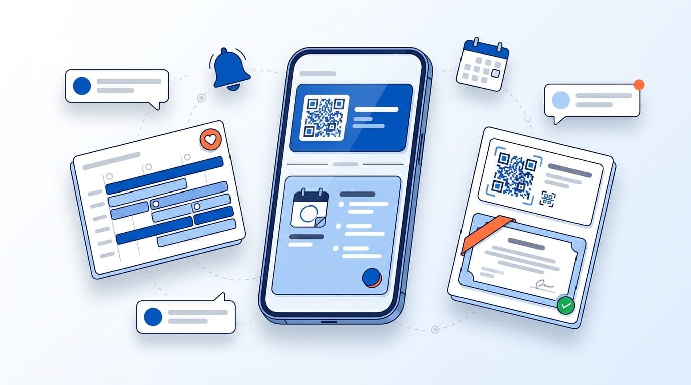 Ilustração de um celular com a carteira do associado e o cartão do evento, ao lado de telas com a programação, favoritos, QR Code da inscrição e certificado