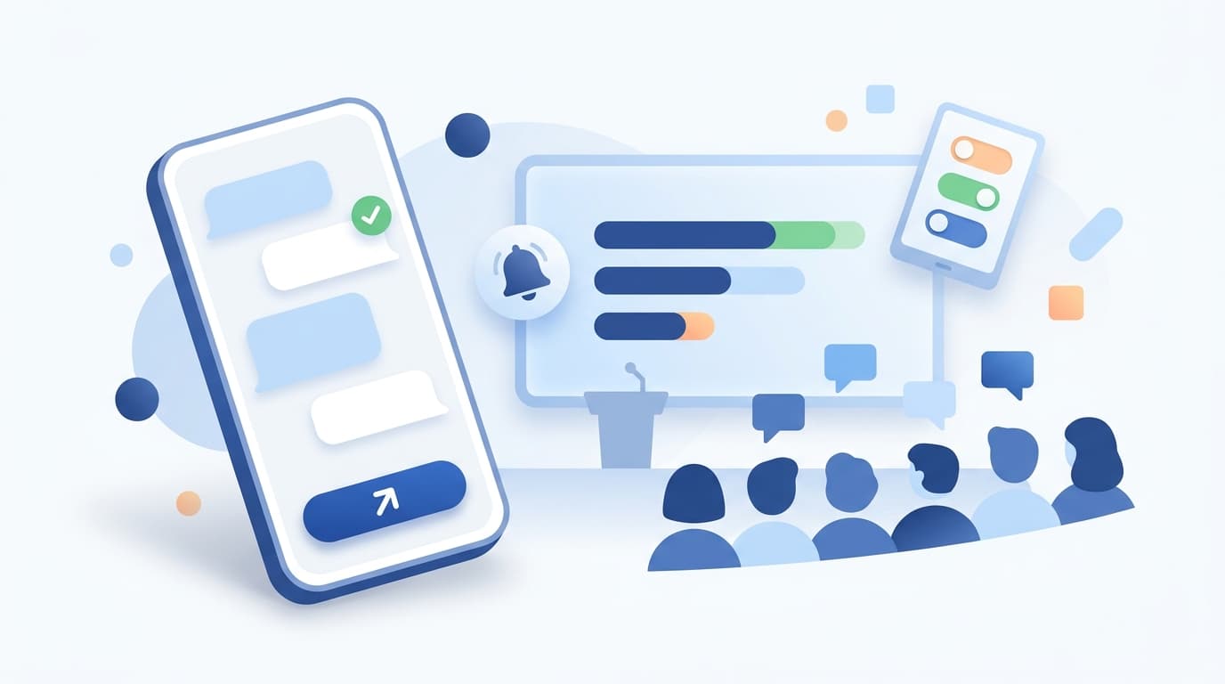 Celular com perguntas do público enviadas ao palco de um congresso e tela com resultado de enquete ao vivo