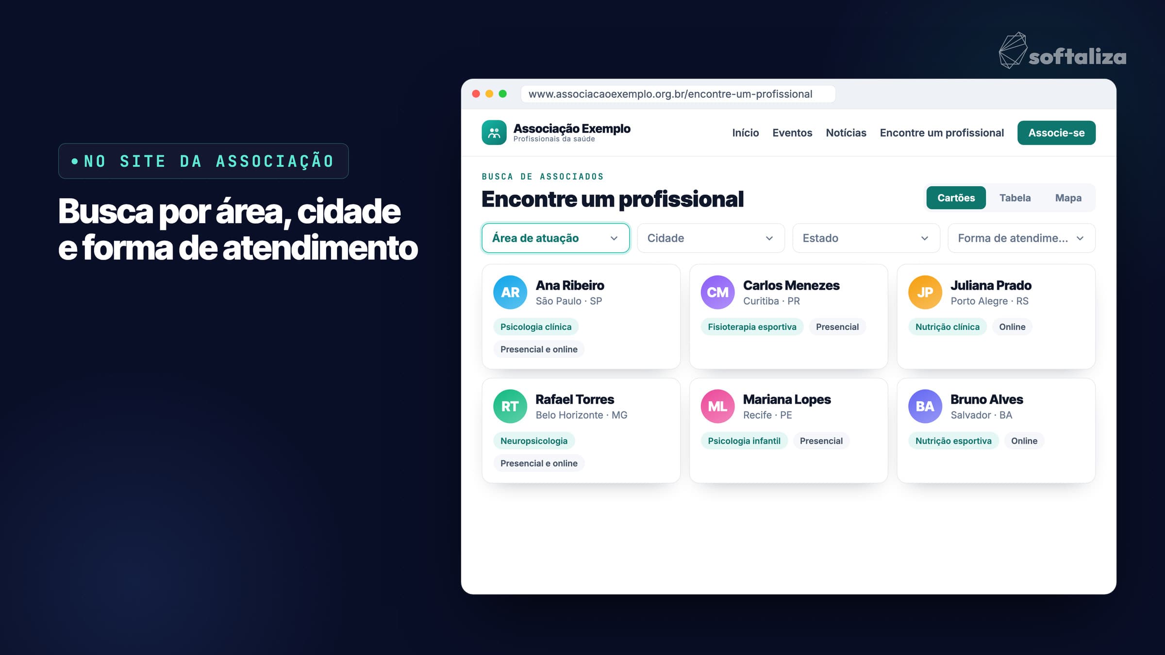 Página Encontre um profissional no site de uma associação, com filtros por área de atuação, cidade e forma de atendimento e cartões dos associados