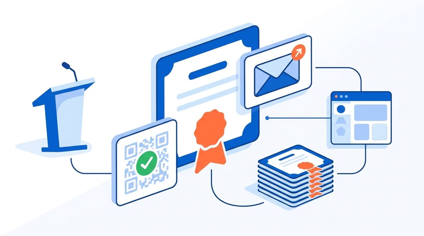 Ilustração de certificado de palestrante com selo, validação por QR Code, envio por e-mail e emissão em massa