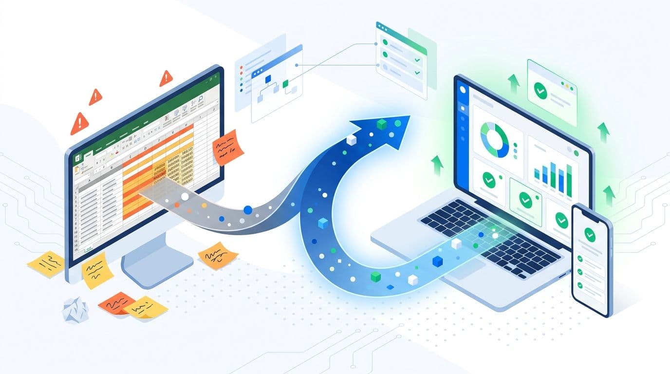 Transição visual de planilha Excel desorganizada para sistema de gestão moderno com dashboards