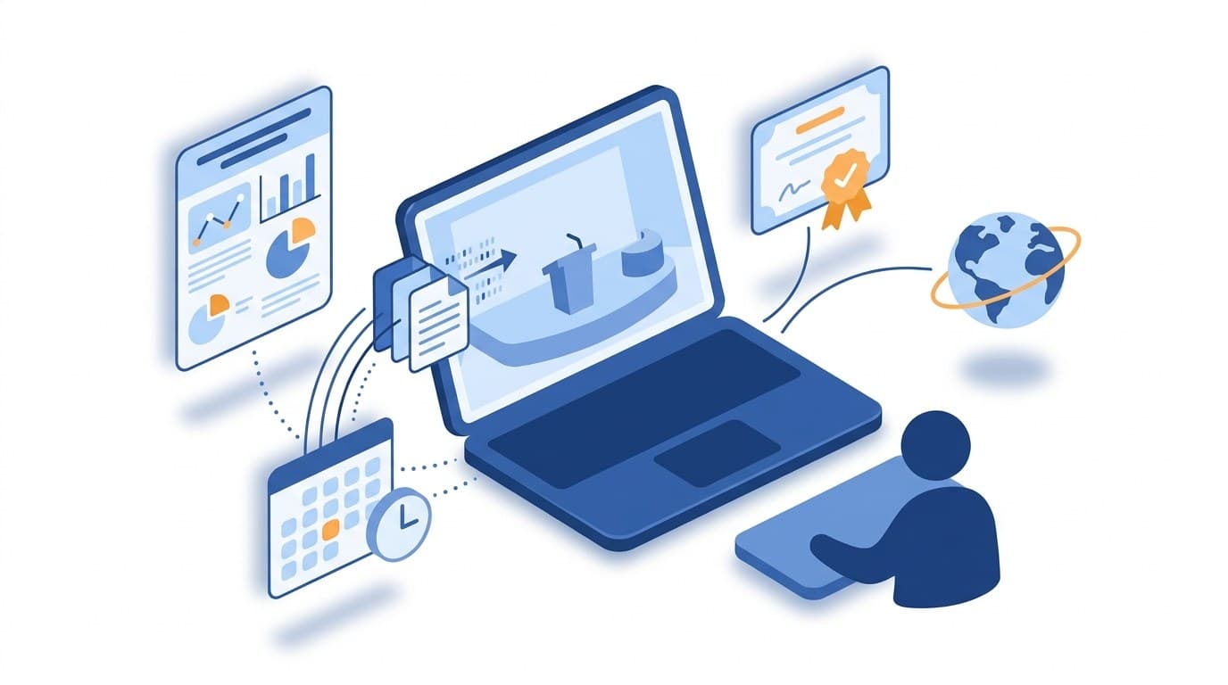Ilustração de congresso online com auditório virtual, trabalhos científicos, calendário e certificado
