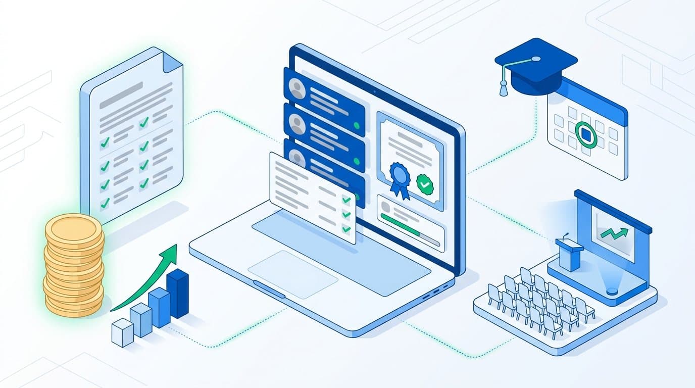 Ilustração do orçamento de um congresso acadêmico ao lado de um painel de inscrições e certificados e de um auditório, representando o edital PAEP da CAPES
