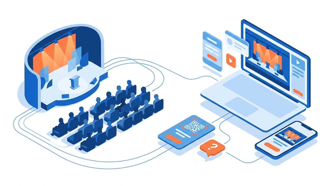 Ilustração de evento híbrido, com auditório presencial conectado a participantes no notebook e no celular