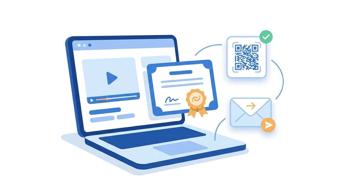 Ilustração de evento online com certificado, com transmissão no notebook, certificado com selo, validação por QR Code e envio por e-mail