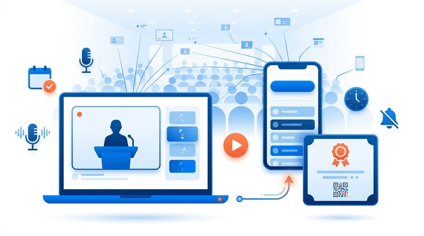 Ilustração de evento online com transmissão ao vivo em um computador, participantes pelo celular e certificado digital