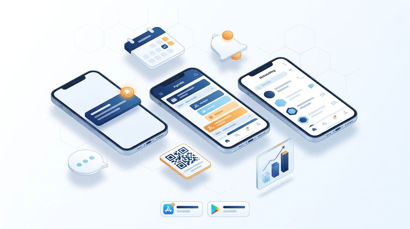 Ilustração de aplicativo de eventos em smartphones com programação, notificações e networking