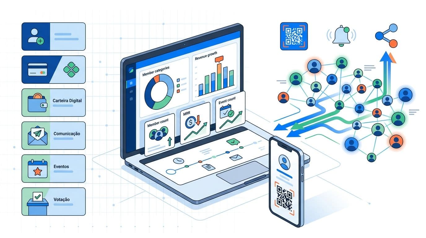 Ilustração de plataforma completa para gestão de associados com dashboard, cobrança, app mobile, eventos e votações online