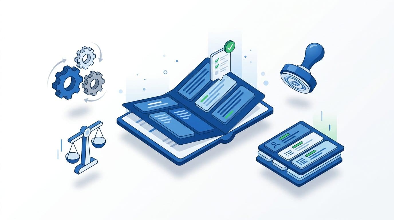 Ilustração de documentos de governança de uma associação: estatuto e regimento interno organizados lado a lado