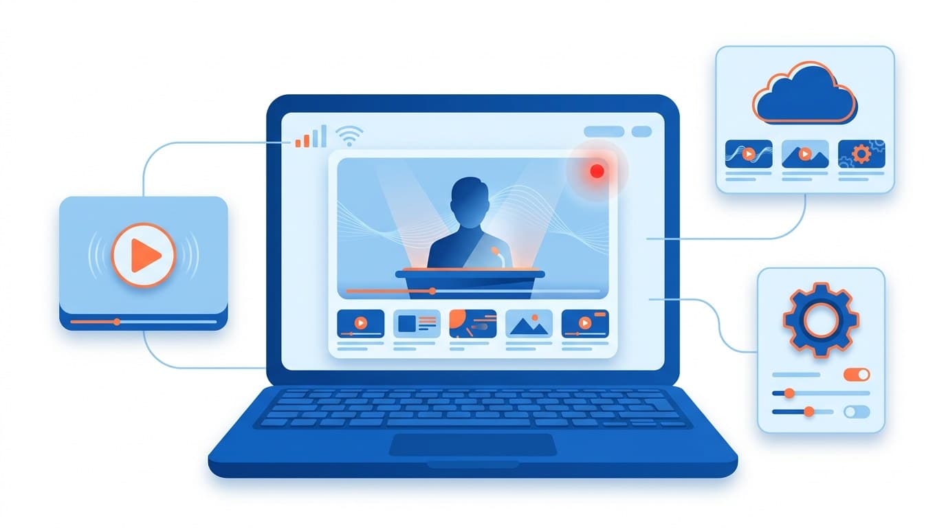 Ilustração de plataforma para eventos online, com transmissão ao vivo, salas e biblioteca de gravações