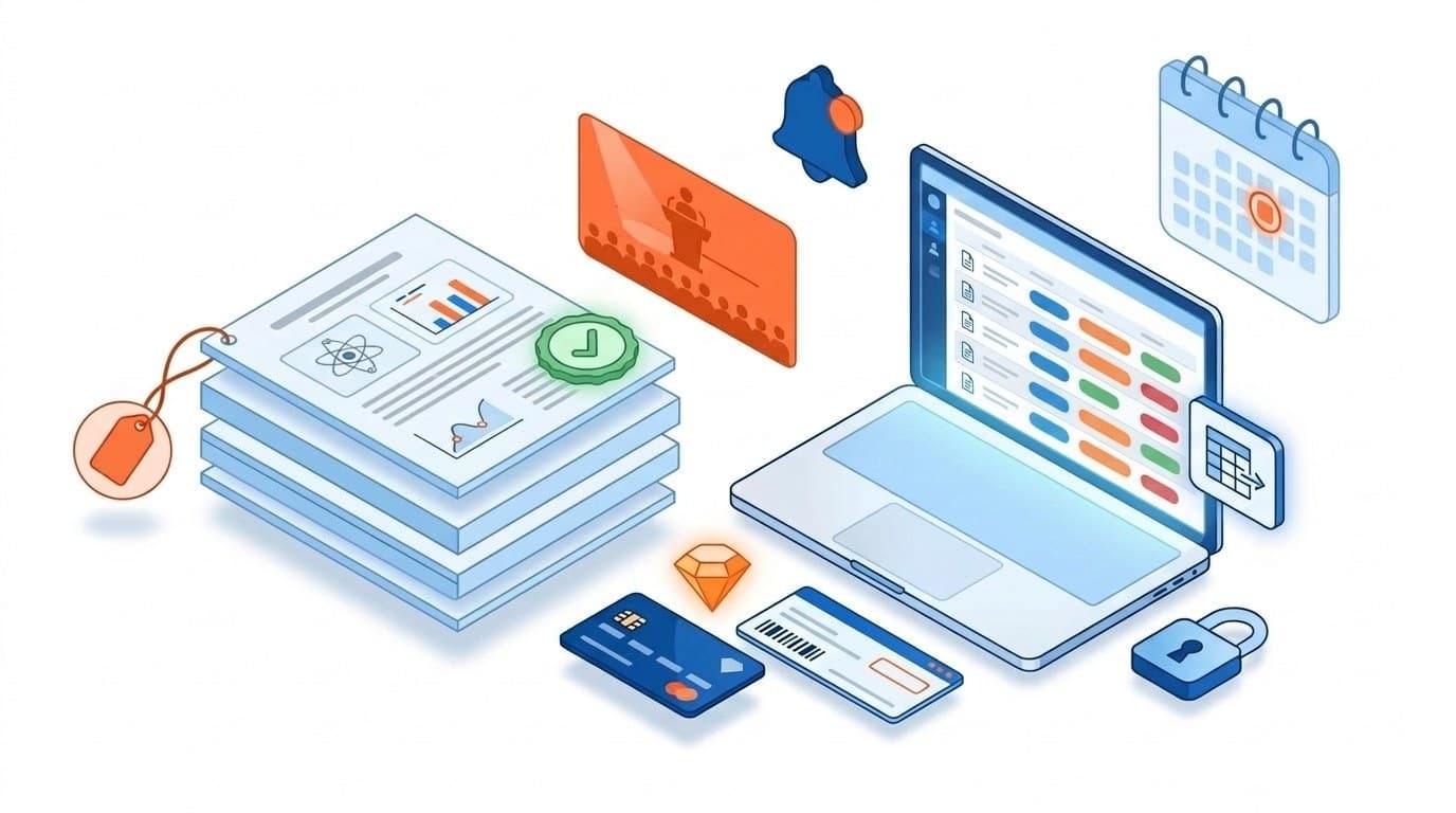 Ilustração de trabalhos científicos com selo de aprovação e etiqueta de preço, notebook com a situação de cada trabalho e meios de pagamento