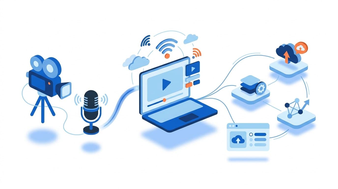 Ilustração de transmissão de evento online, com câmera, microfone, notebook com transmissão ao vivo e sala virtual