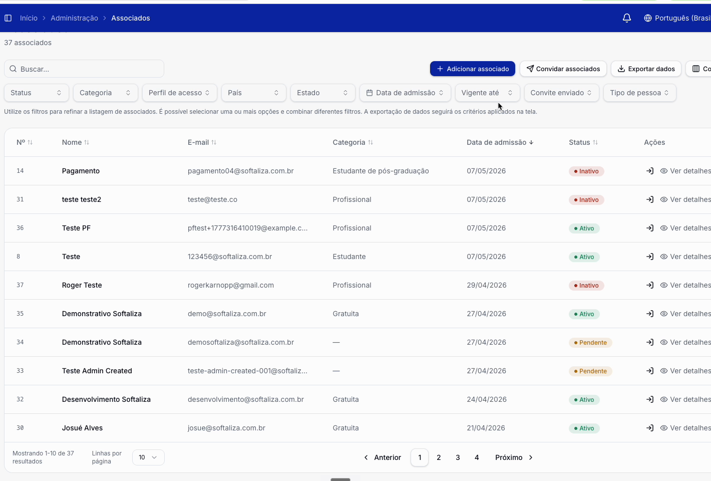 Tela de gestão de associados com lista, filtros e ações