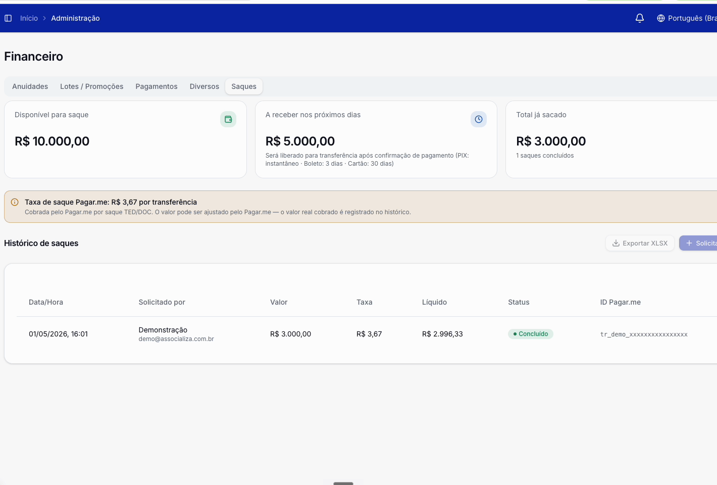 Painel financeiro da Softaliza com saldo transferível, atual e a receber