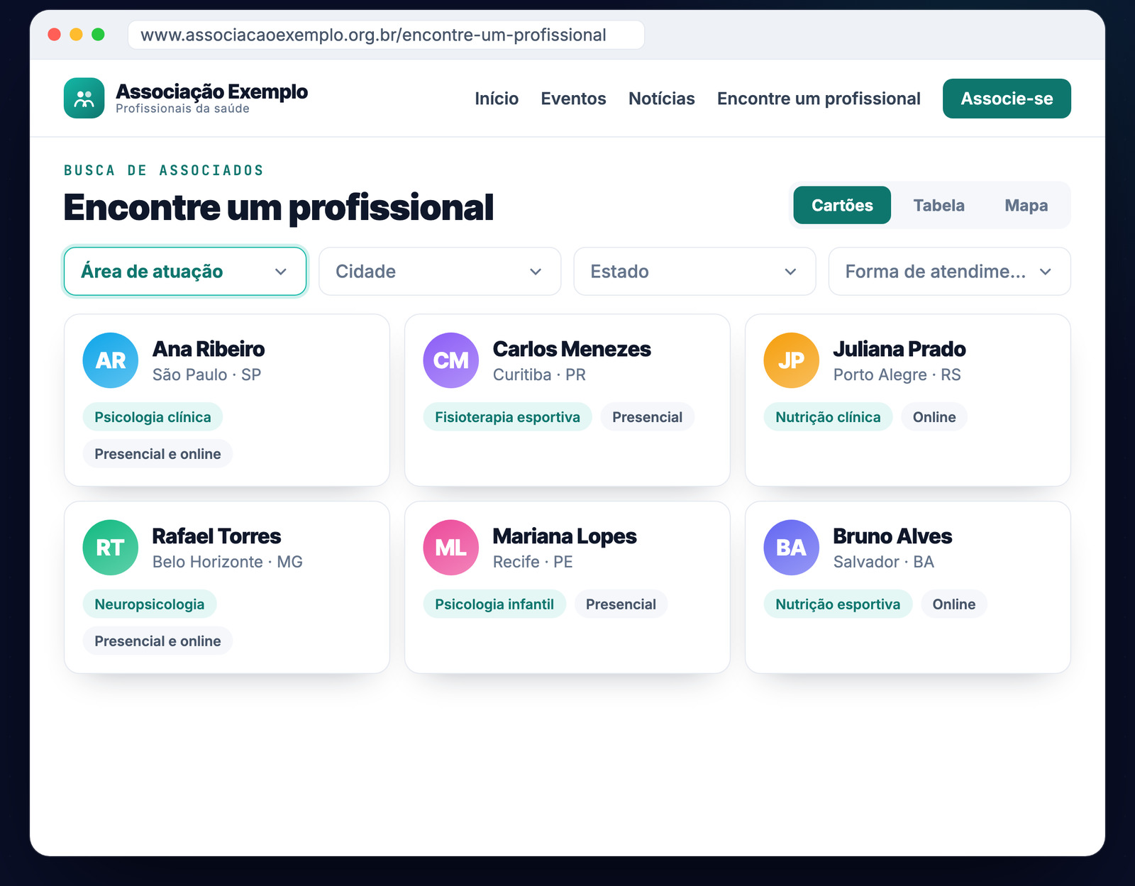 Página Encontre um profissional com filtros e cartões de associados