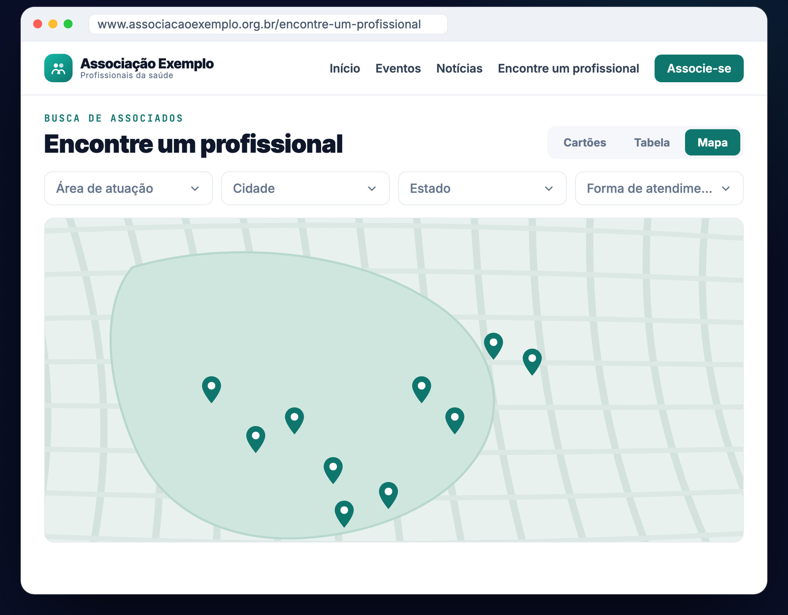 Visualização da busca de associados no mapa