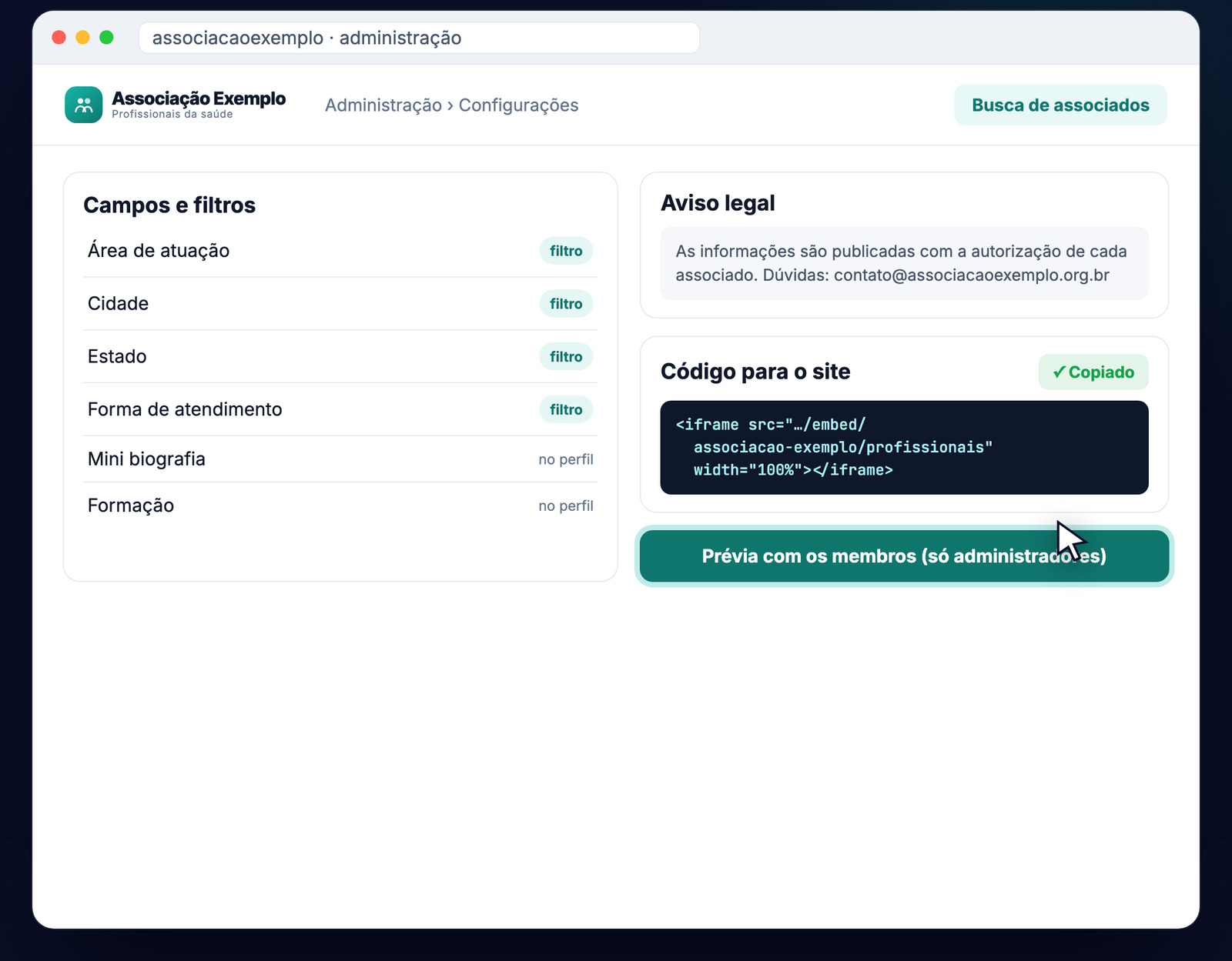 Configuração da busca de associados na administração