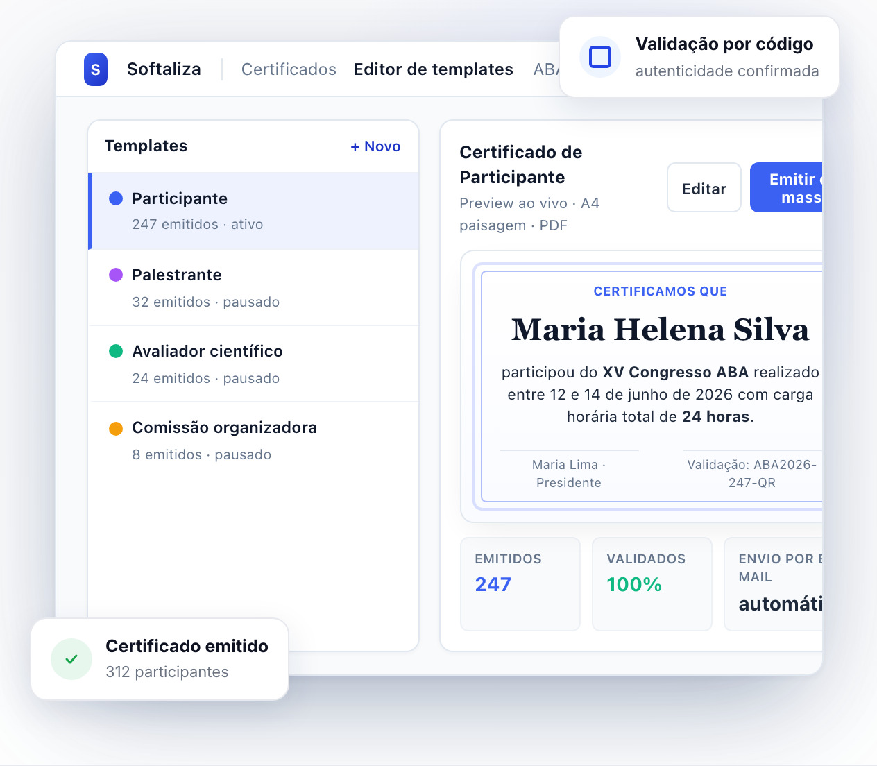 Editor de certificados com modelos para participante, palestrante, avaliador e comissão organizadora