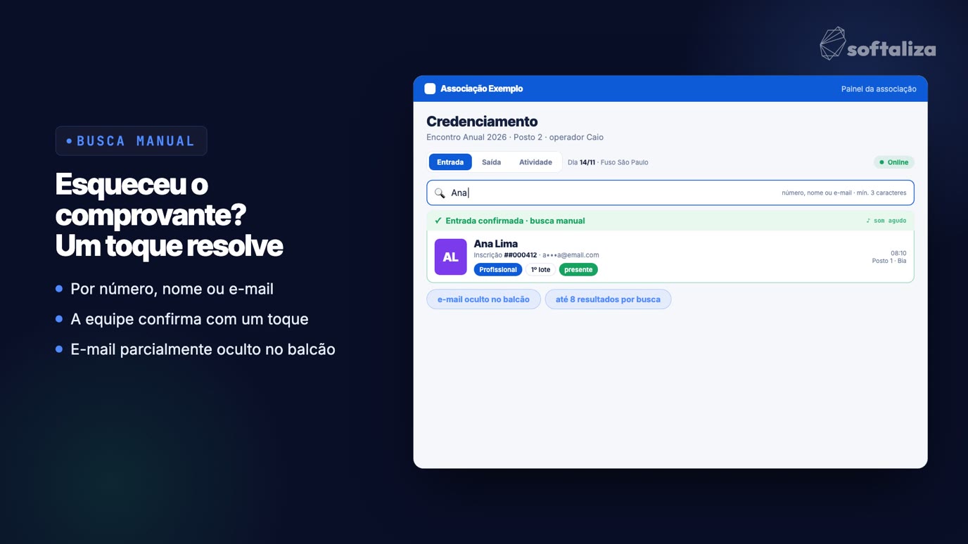 Busca manual no credenciamento, com resultados por nome e e-mail parcialmente oculto
