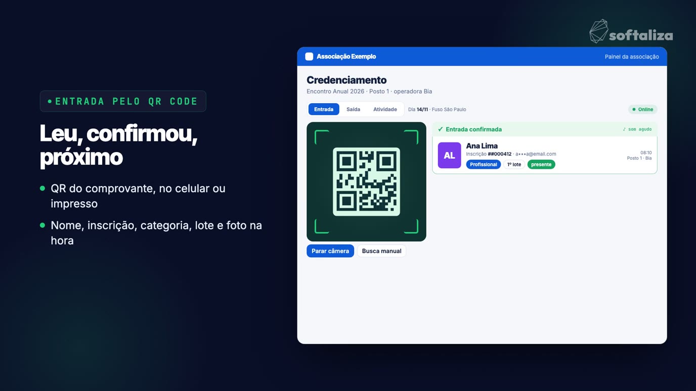 Tela de credenciamento com a câmera lendo o QR Code e a mensagem Entrada confirmada