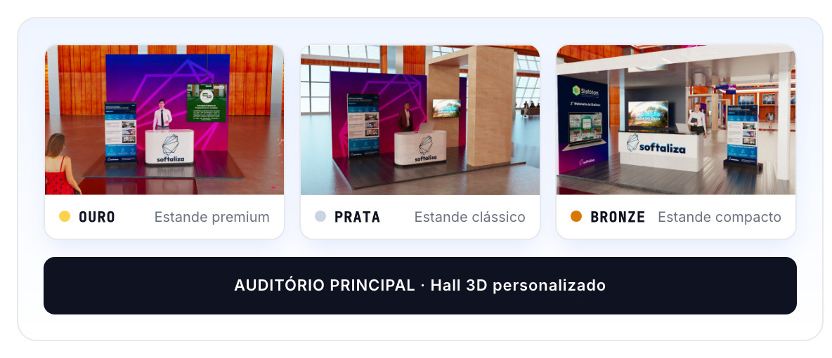 Hall virtual 3D com estandes de patrocinadores nos níveis ouro, prata e bronze