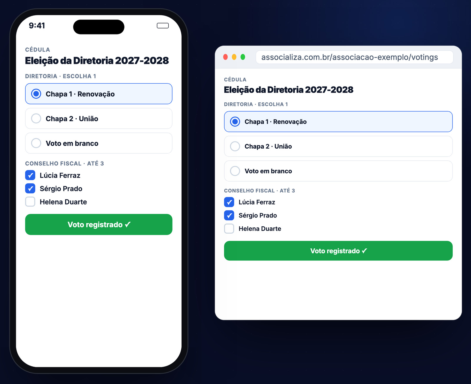 Cédula da eleição no celular e no computador, com o voto registrado