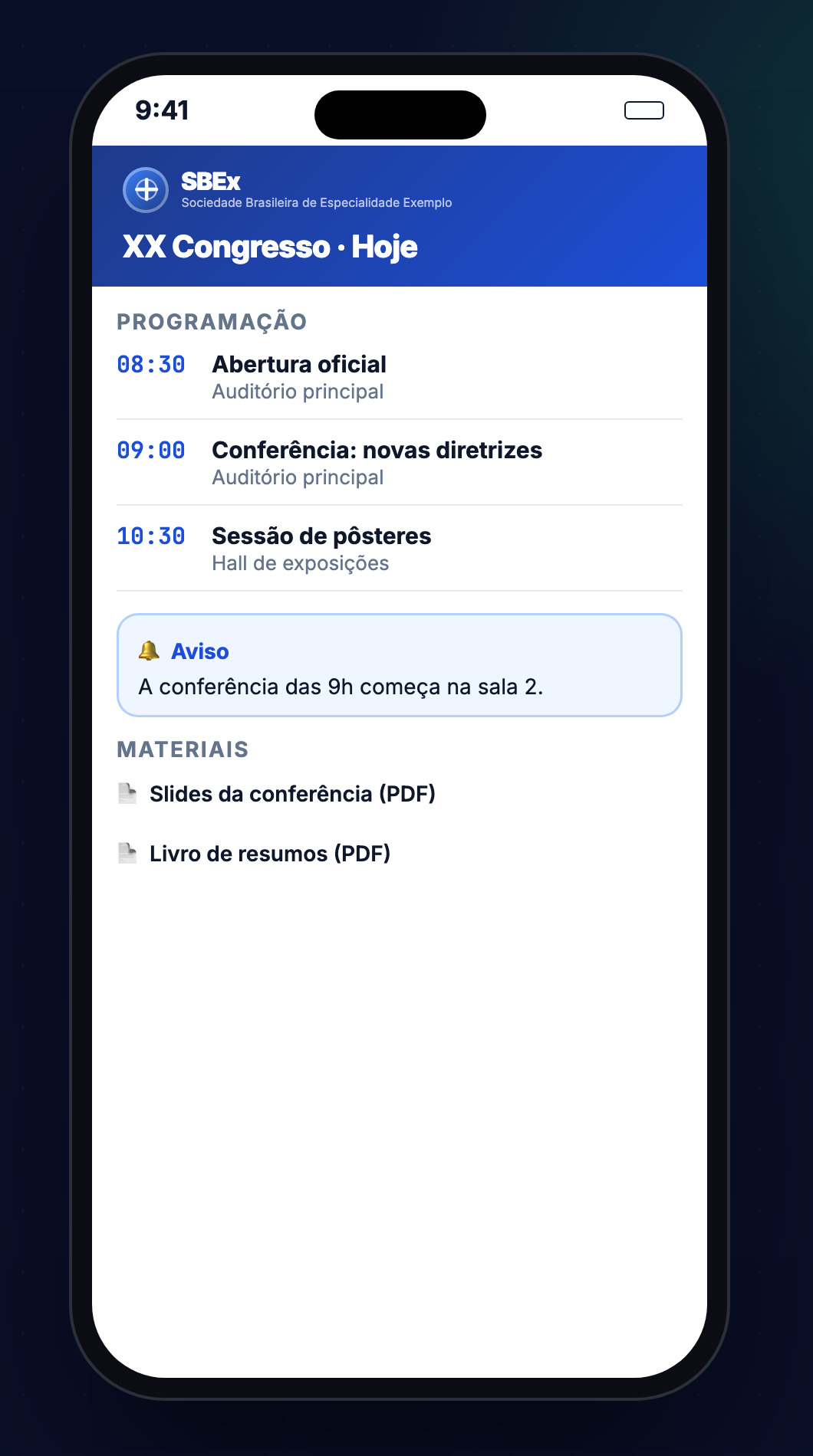 Aplicativo do congresso com programação, avisos e materiais
