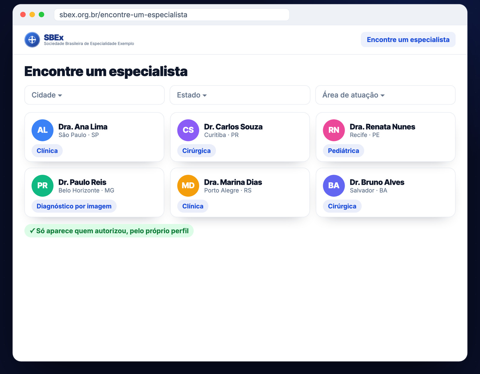 Busca de especialistas no site da sociedade