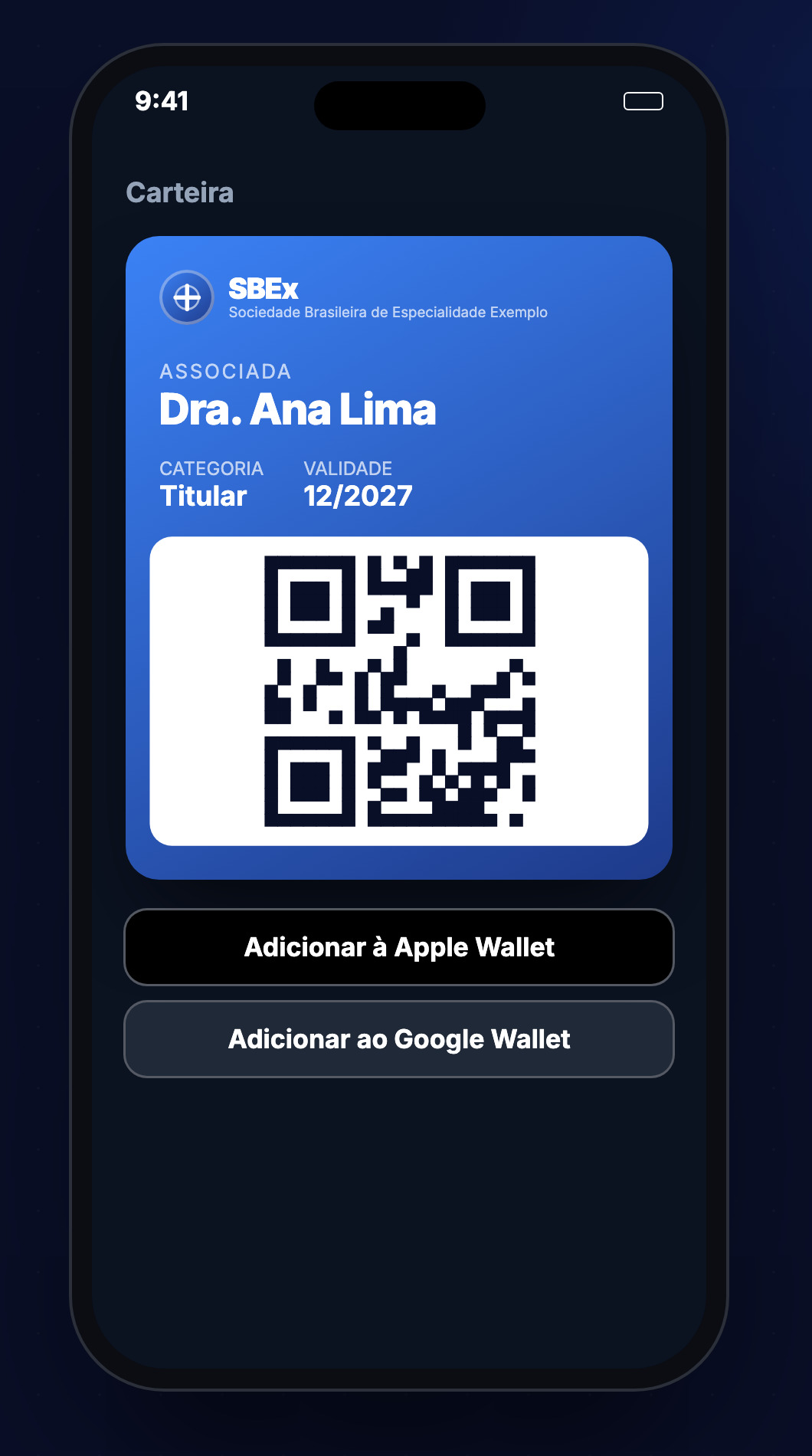 Carteira do associado no celular com QR Code