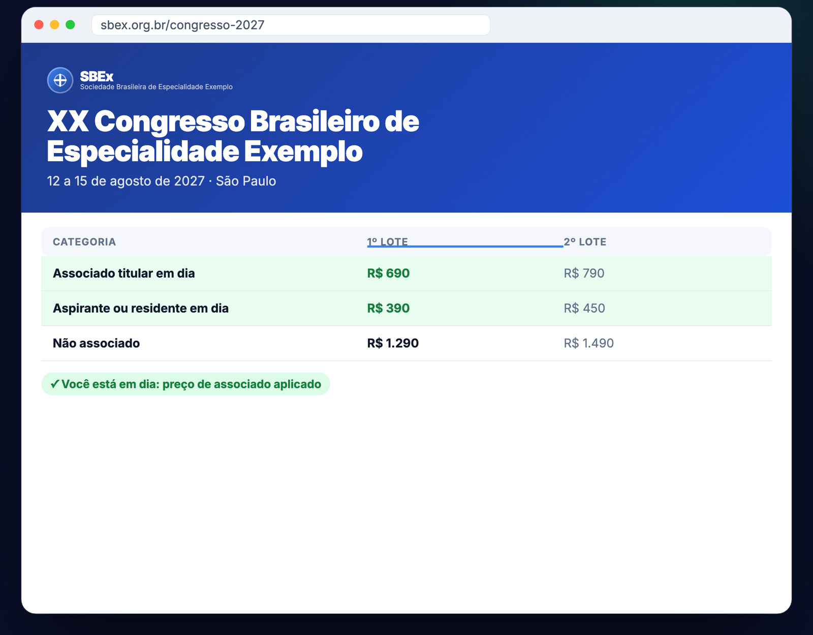 Hotsite e inscrições do congresso com preço de associado