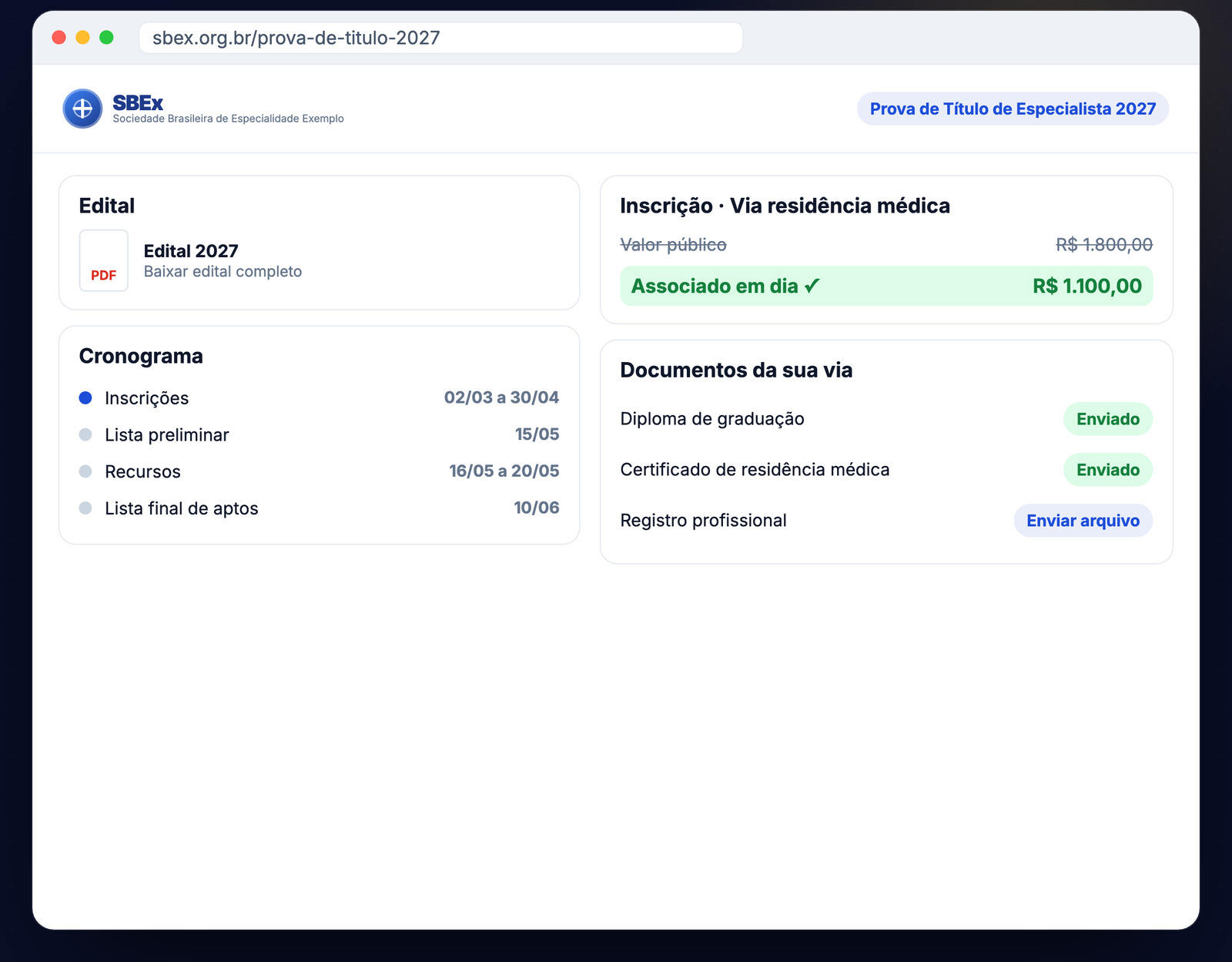 Inscrição da prova de título com valor de associado e documentos da via