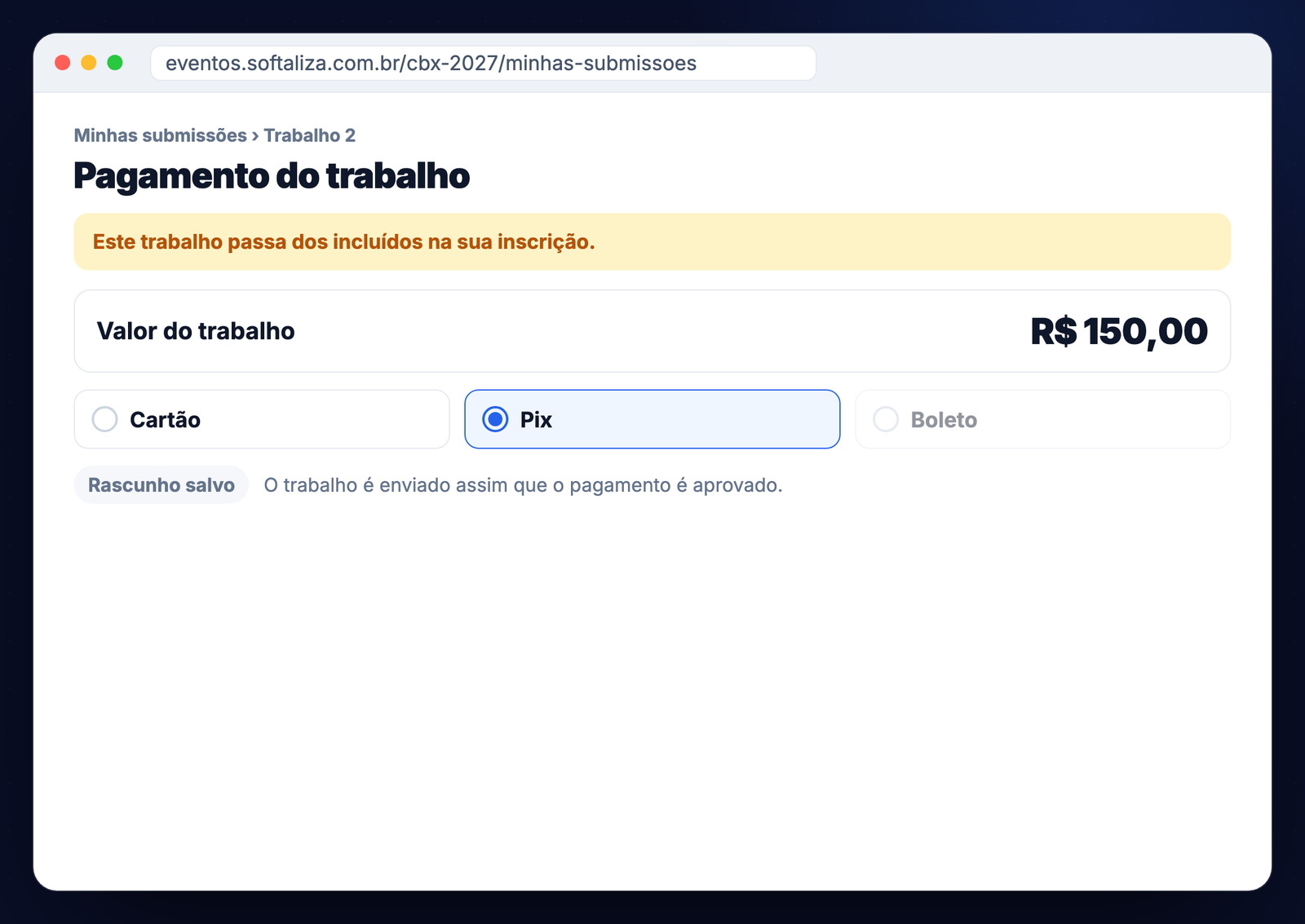 Página de pagamento do trabalho, com o valor, as formas de pagamento e o aviso de que o trabalho é enviado assim que o pagamento é aprovado
