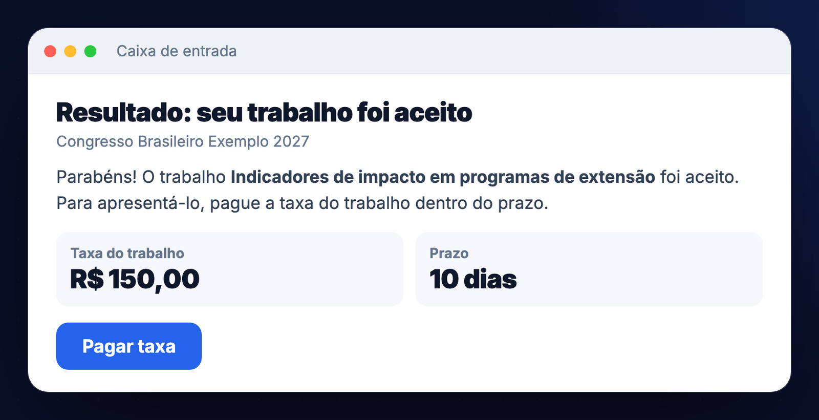 E-mail de resultado com o trabalho aceito, a taxa do trabalho, o prazo e o botão para pagar